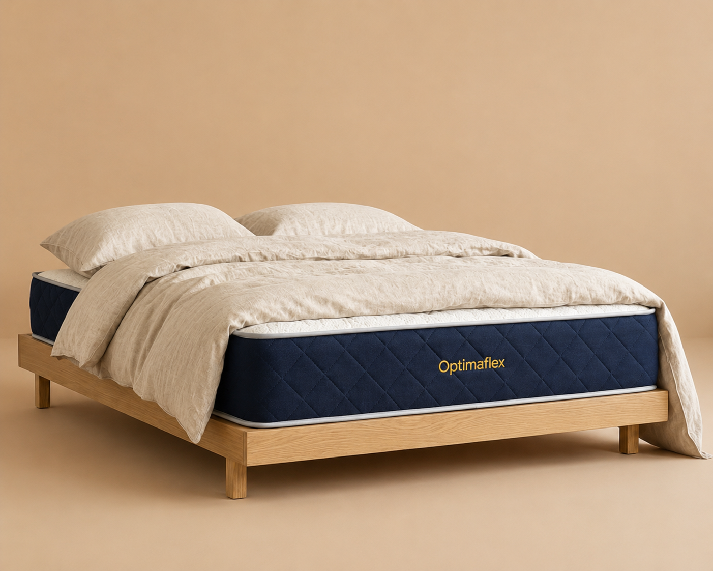 Warm serene bedroom with Optimaflex mattress dressed in luxurious linens